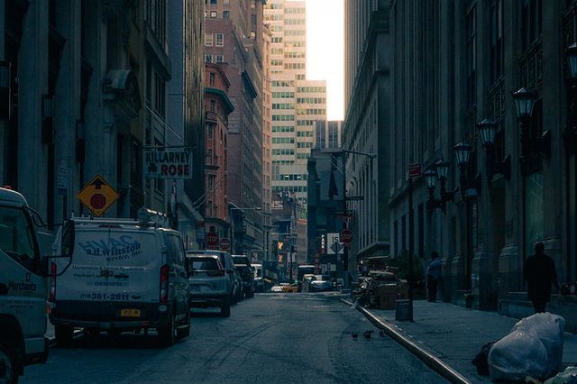 sunrise on a lower Manhattan street